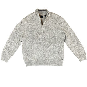 Chaps Mens XL Quarter Zip Sweater Gray Marled Knit Cotton Blend Suede Trim Mock